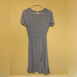 USED Flowy, Flare, Blue + White Dress | Small | Belt Tie Available